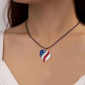 American Flag Heart Pendant Necklace with Crystal Rhinestone - Gold Tone